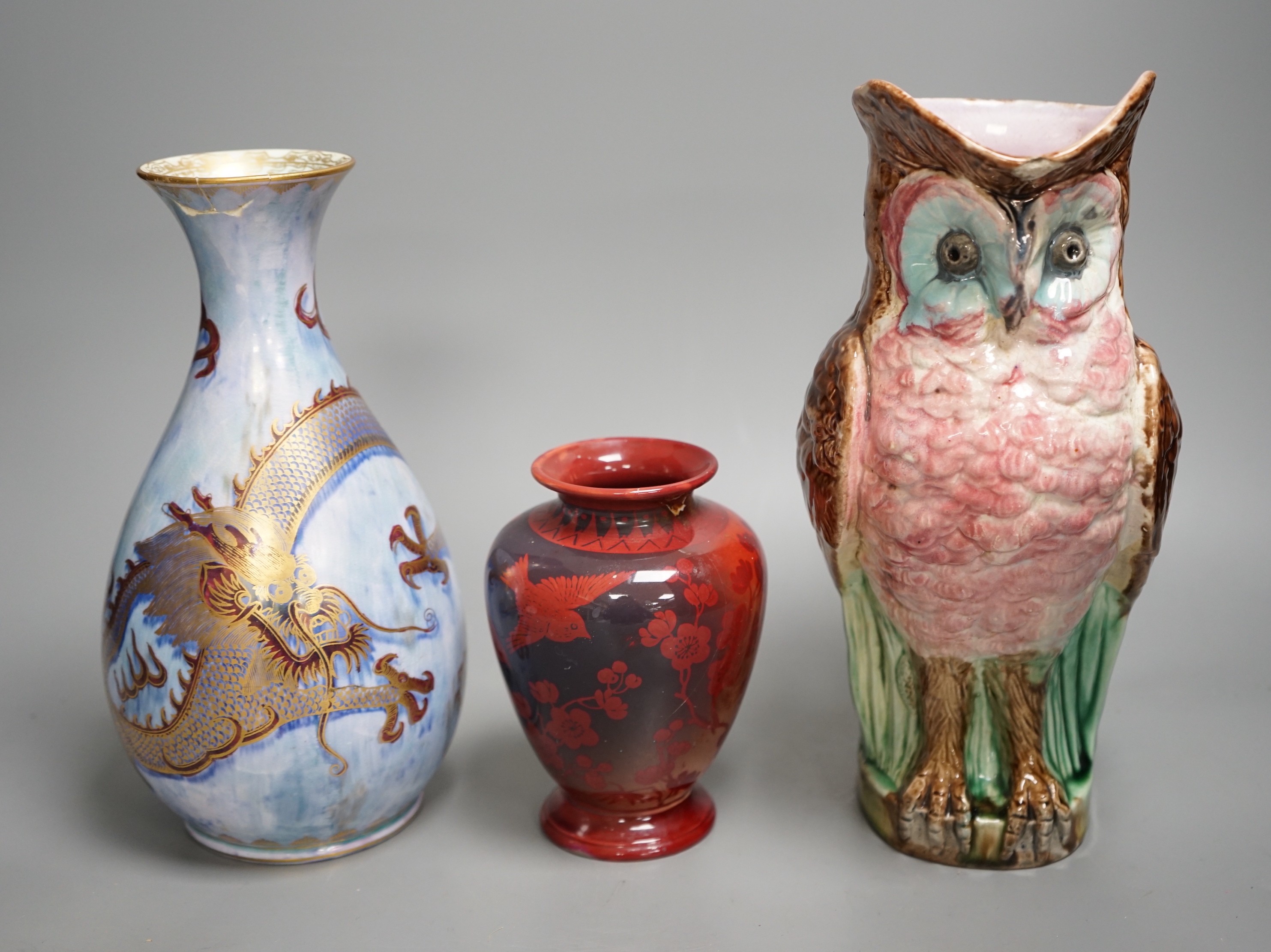 A majolica owl jug, a Wedgwood lustre vase and a Bernard Moore vase (all a.f.)